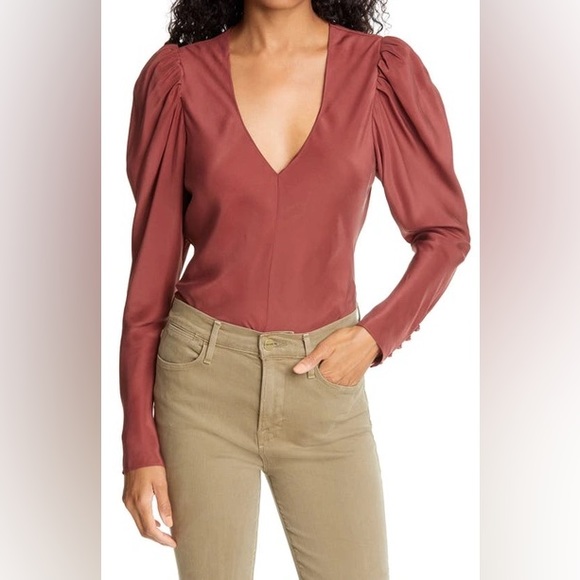 FRAME Shirred V-Neck Silk Blouse in Rosewood/sable color Size S - Picture 1 of 4